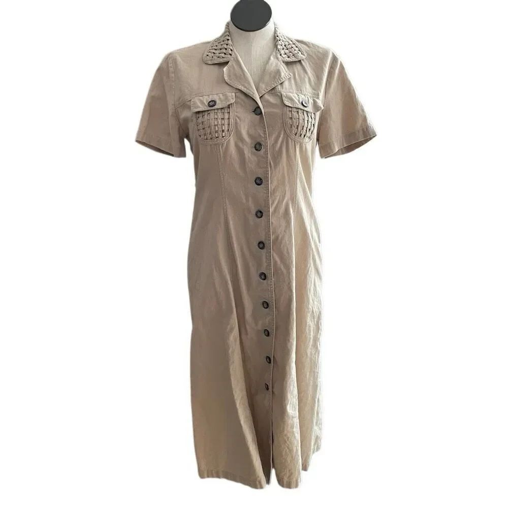 Vintage 90s Linen Maxi Dress SP Khaki Safari Basketweave Collar Button Front
